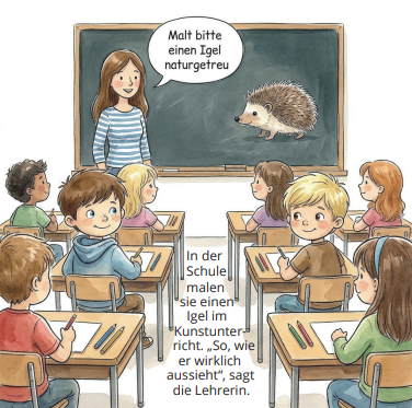 Klassenzimmer mit Kindern, Lehrerin und einem Igel auf der Tafel