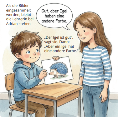 Adrian zeigt sein Igelbild und die Lehrerin lobt es