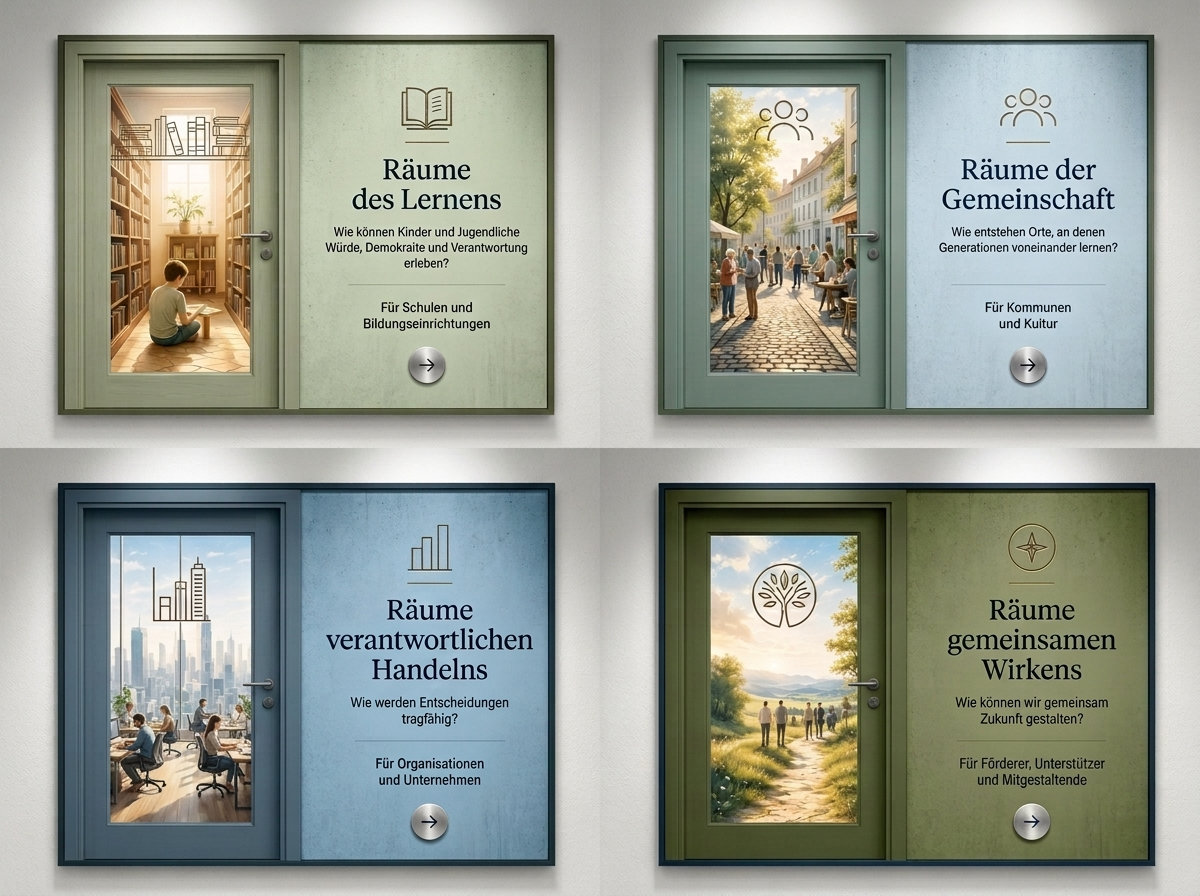 Vier gestaltete Türen mit den Bereichen Räume des Lernens, Räume der Gemeinschaft, Räume verantwortlichen Handelns und Räume gemeinsamen Wirkens.